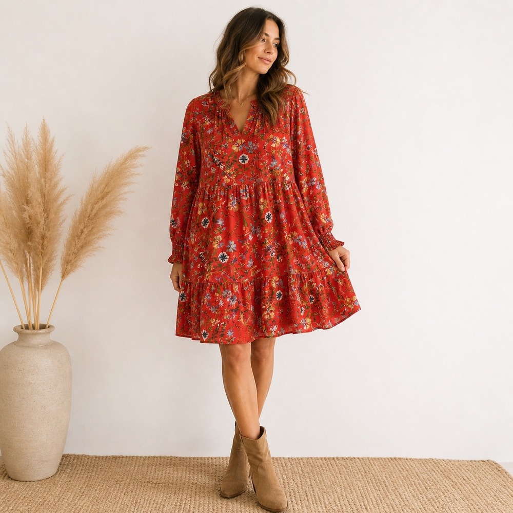 Boho Floral Babydoll Tiered Dress Womens Size 2X Red Cottagecore Flowy Plus Size